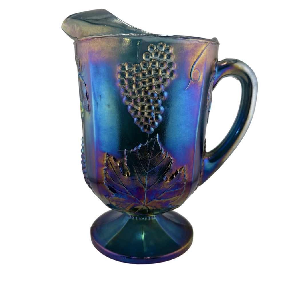 Vintage Blue Pedestal Carnival Glass Pitcher